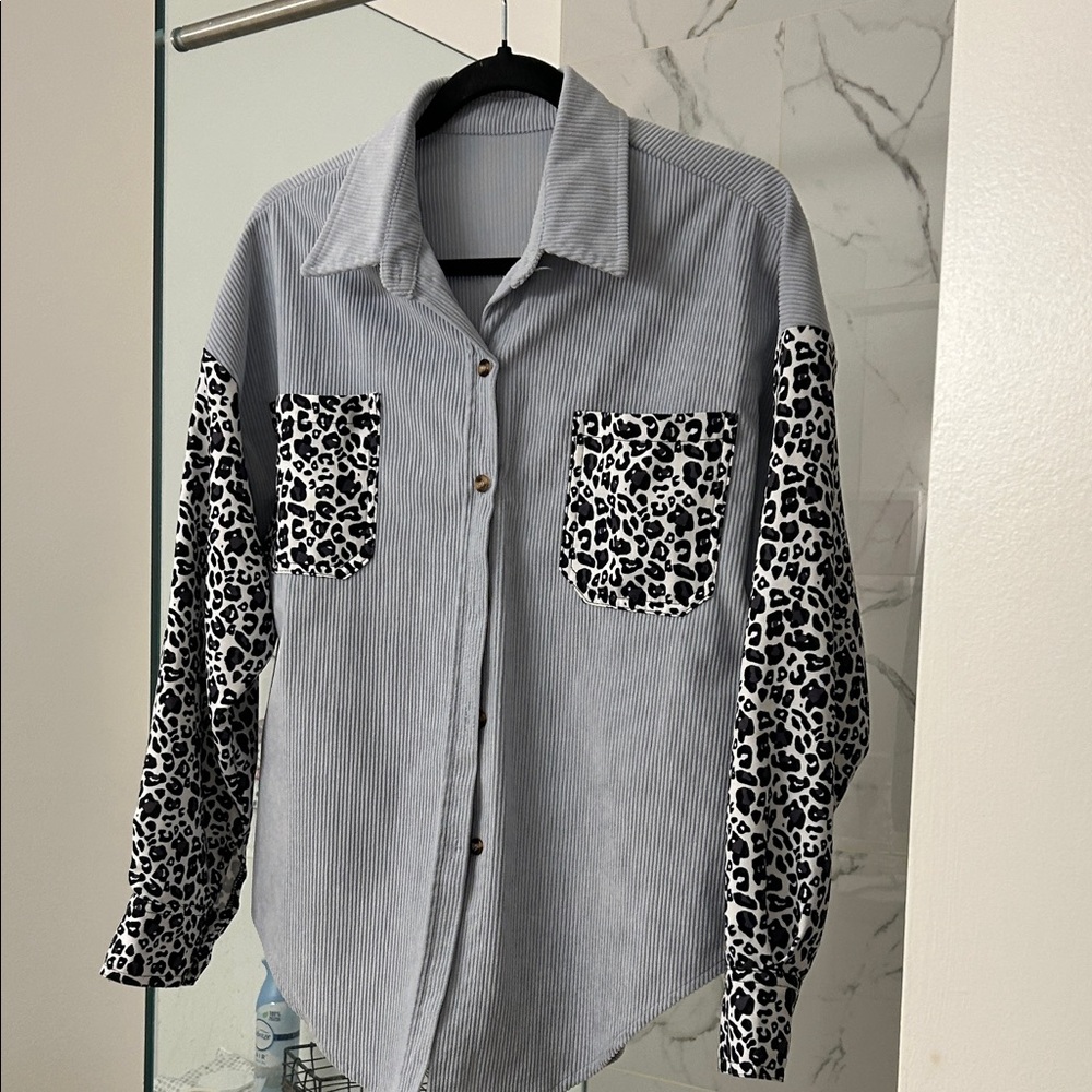 Light blue corduroy with cow print button down shirt